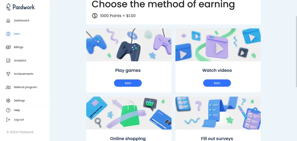 Paidwork Earning Methods Dashboard Overview