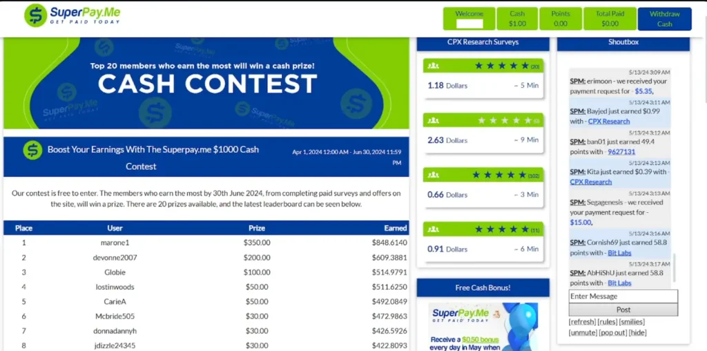 Superpayme cash contest leaderboard with top earners and prize details