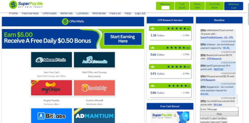 Superpayme Offerwall with various tasks like surveys and games