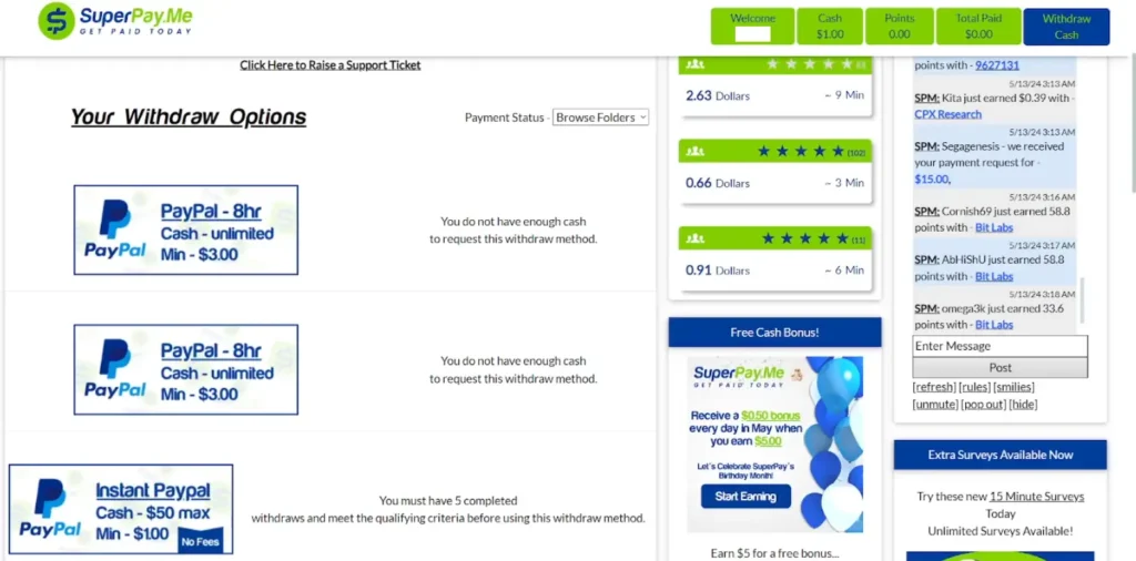 Superpayme payout options including PayPal, Skrill, and gift cards
