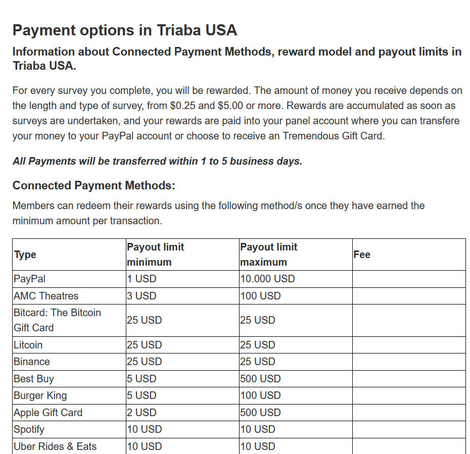 Triaba Payment Methods and Threshold